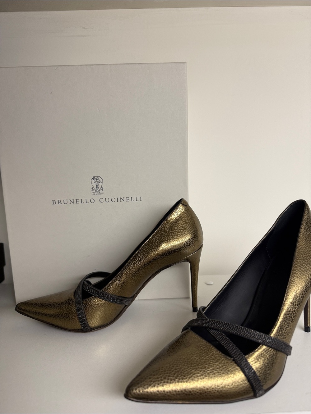 Brunello Cucinelli Metallic Gold Pointed-Toe Cross-Strap Pump